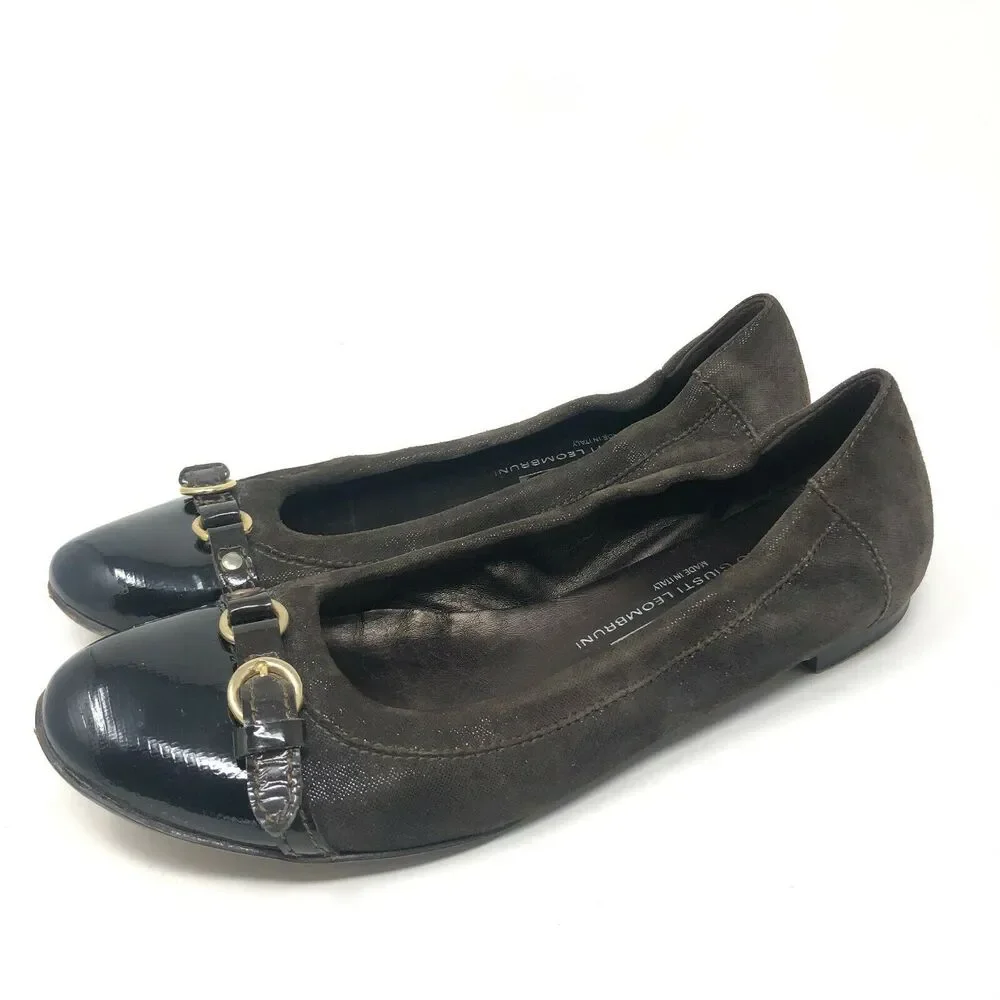 AGL Shimmer Ballet Flat Womens 38 / 8 Brown‎ Leather Patent Cap Toe Slip On